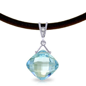 14K. GOLD & LEATHER NECKLACE W/ DIAMOND & BLUE TOPAZ (White Gold)